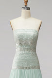 Mint Sequins Pleated Chiffon A-Line Strapless Long Prom Dress with Beading