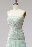 Mint Sequins Pleated Chiffon A-Line Strapless Long Prom Dress with Beading
