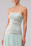 Mint Sequins Pleated Chiffon A-Line Strapless Long Prom Dress with Beading