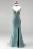 Grey Green Mermaid Sequins Beaded V-Neck Tulle Long Prom Dress with Choker