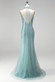 Grey Green Mermaid Sequins Beaded V-Neck Tulle Long Prom Dress with Choker