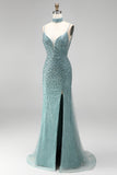 Grey Green Mermaid Sequins Beaded V-Neck Tulle Long Prom Dress with Choker