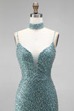 Grey Green Mermaid Sequins Beaded V-Neck Tulle Long Prom Dress with Choker