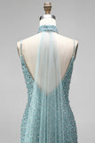 Grey Green Mermaid Sequins Beaded V-Neck Tulle Long Prom Dress with Choker