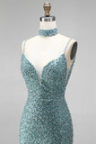 Grey Green Mermaid Sequins Beaded V-Neck Tulle Long Prom Dress with Choker