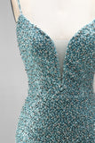 Grey Green Mermaid Sequins Beaded V-Neck Tulle Long Prom Dress with Choker