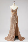 Sparkly Golden Corset Mermaid Rhinestones Sequins Strapless Long Prom Dress with Slit