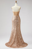 Sparkly Golden Corset Mermaid Rhinestones Sequins Strapless Long Prom Dress with Slit