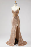 Sparkly Golden Corset Mermaid Rhinestones Sequins Strapless Long Prom Dress with Slit