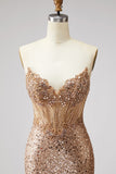 Sparkly Golden Corset Mermaid Rhinestones Sequins Strapless Long Prom Dress with Slit