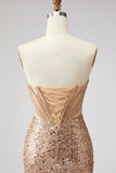Sparkly Golden Corset Mermaid Rhinestones Sequins Strapless Long Prom Dress with Slit