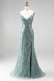 Dusty Green Sequins Pearls V-Neck Spaghetti Straps Mermaid Long Prom Dress with Slit