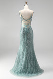 Dusty Green Sequins Pearls V-Neck Spaghetti Straps Mermaid Long Prom Dress with Slit