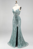 Dusty Green Sequins Pearls V-Neck Spaghetti Straps Mermaid Long Prom Dress with Slit