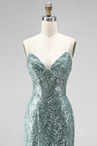 Dusty Green Sequins Pearls V-Neck Spaghetti Straps Mermaid Long Prom Dress with Slit