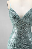 Dusty Green Sequins Pearls V-Neck Spaghetti Straps Mermaid Long Prom Dress with Slit