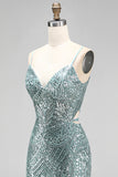 Dusty Green Sequins Pearls V-Neck Spaghetti Straps Mermaid Long Prom Dress with Slit