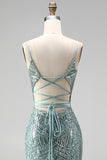 Dusty Green Sequins Pearls V-Neck Spaghetti Straps Mermaid Long Prom Dress with Slit