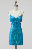 Turquoise Sequins Cut Out Spaghetti Straps Bodycon Short Homecoming Dress