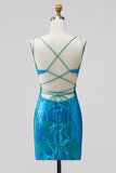 Turquoise Sequins Cut Out Spaghetti Straps Bodycon Short Homecoming Dress
