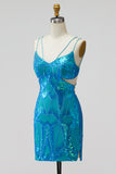 Turquoise Sequins Cut Out Spaghetti Straps Bodycon Short Homecoming Dress