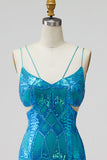 Turquoise Sequins Cut Out Spaghetti Straps Bodycon Short Homecoming Dress