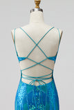 Turquoise Sequins Cut Out Spaghetti Straps Bodycon Short Homecoming Dress