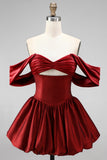 Burgundy Off‑the‑Shoulder Cut Out Bubble Hem Short Homecoming Dress