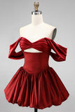 Burgundy Off‑the‑Shoulder Cut Out Bubble Hem Short Homecoming Dress