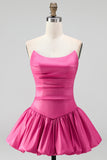 Fuchsia Bubble Hem Ruched Basque Waist Strapless Short Homecoming Dress