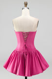 Fuchsia Bubble Hem Ruched Basque Waist Strapless Short Homecoming Dress