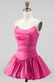 Fuchsia Bubble Hem Ruched Basque Waist Strapless Short Homecoming Dress