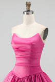 Fuchsia Bubble Hem Ruched Basque Waist Strapless Short Homecoming Dress