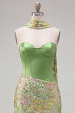 Green Bodycon Sweetheart Corset Sequins Homecoming Dress with Neck Scarf