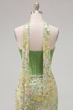 Green Bodycon Sweetheart Corset Sequins Homecoming Dress with Neck Scarf