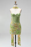 Green Bodycon Sweetheart Corset Sequins Homecoming Dress with Neck Scarf