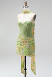 Green Bodycon Sweetheart Corset Sequins Homecoming Dress with Neck Scarf