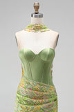 Green Bodycon Sweetheart Corset Sequins Homecoming Dress with Neck Scarf