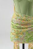 Green Bodycon Sweetheart Corset Sequins Homecoming Dress with Neck Scarf