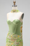 Green Bodycon Sweetheart Corset Sequins Homecoming Dress with Neck Scarf