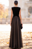 Black A-Line V-Neck Velvet Tulle Long Formal Dress