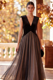 Black A-Line V-Neck Velvet Tulle Long Formal Dress