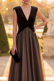 Black A-Line V-Neck Velvet Tulle Long Formal Dress