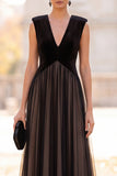 Black A-Line V-Neck Velvet Tulle Long Formal Dress