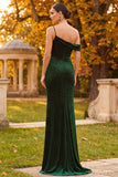 Dark Green Sheath Asymmetrical One Shoulder Ruched Beaded Long Formal Dress with Slit