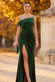 Dark Green Sheath Asymmetrical One Shoulder Ruched Beaded Long Formal Dress with Slit