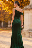 Dark Green Sheath Asymmetrical One Shoulder Ruched Beaded Long Formal Dress with Slit