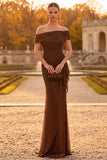 Coffee Sheath Off the Shoulder Ruched Maxi Formal Dress