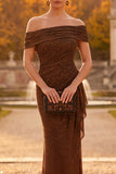 Coffee Sheath Off the Shoulder Ruched Maxi Formal Dress