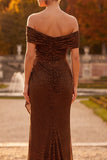 Coffee Sheath Off the Shoulder Ruched Maxi Formal Dress